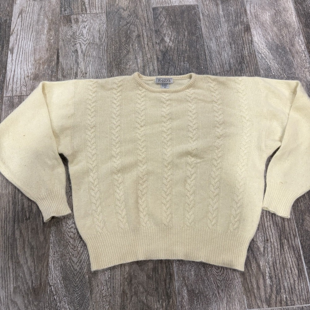 Vtg Baszio Lambswool Angora Blend Sweater Butter Yellow Cableknit Sz L Classic